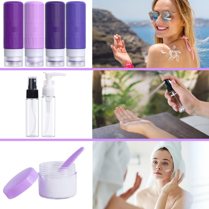 GLAMFIELDS Travel Bottles for Toiletries,TSA Approved 3.3oz Size LeakProof Silicone Toiletry Containers for Shampoo, Conditioner,Easy to Squeeze，Portable Travel Essentials for Lotion(18 Pack) Purple - Image 5